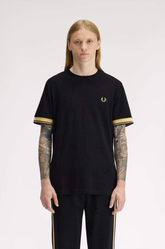Camiseta con puños con el ribete con dos franjas BLACK/CHAMPAN