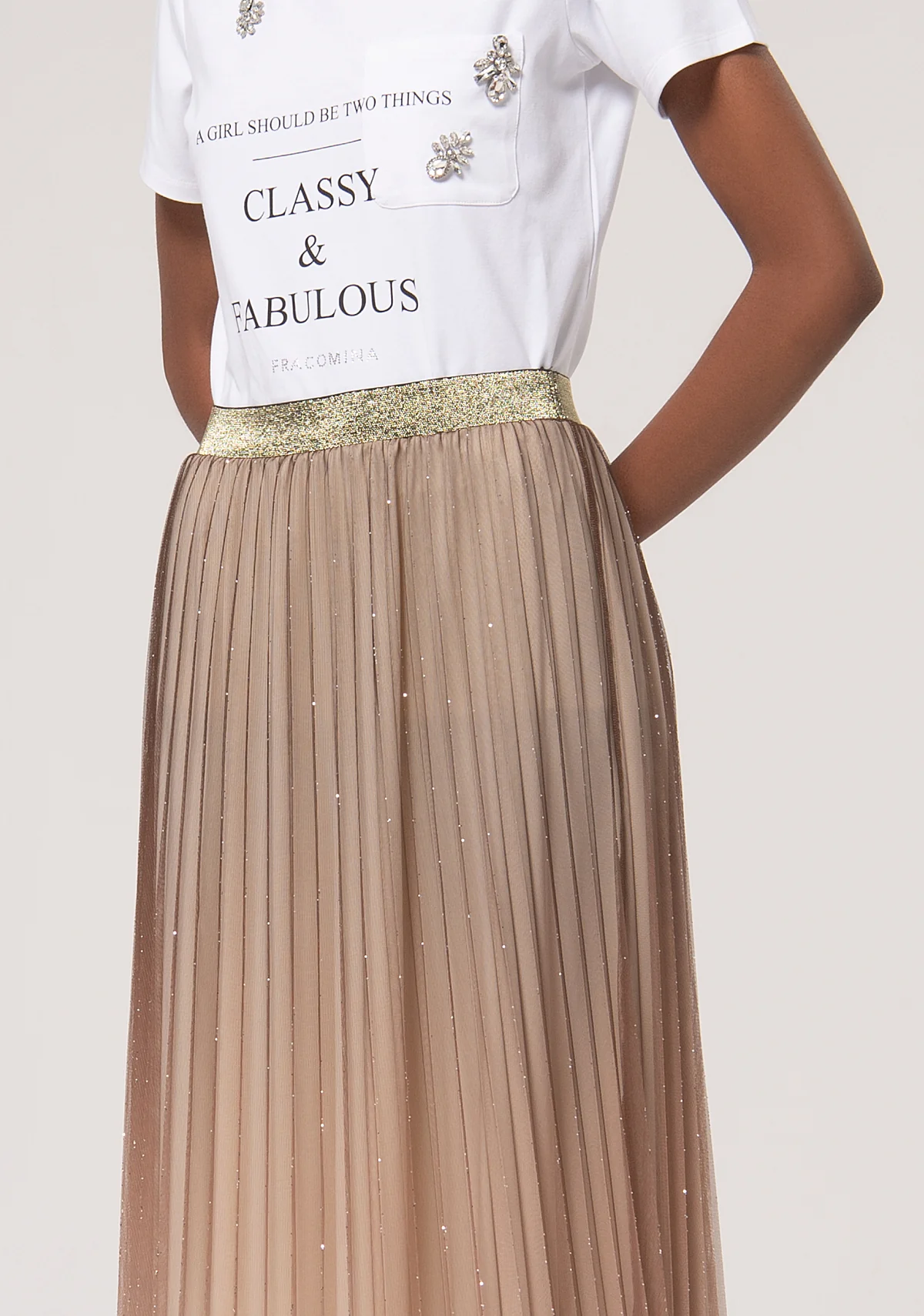 MIDI SHINY PLISSE SKIRT CAMEL