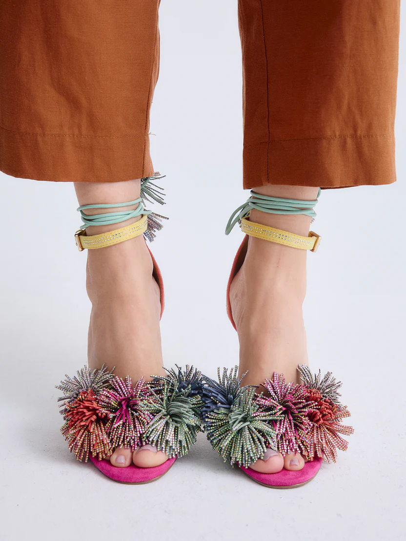 SANDALIA JENIFER-725 TELA NARANJA VERDE