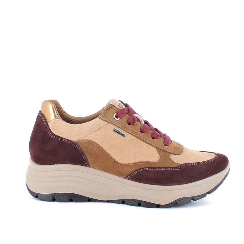 Zapatillas deportivas gore-tex con cuña para mujer marron y burdeos con cordones