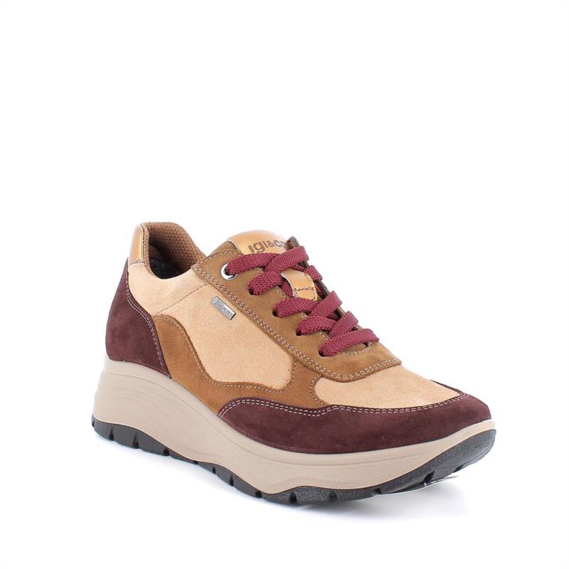 Zapatillas deportivas gore-tex con cuña para mujer marron y burdeos con cordones